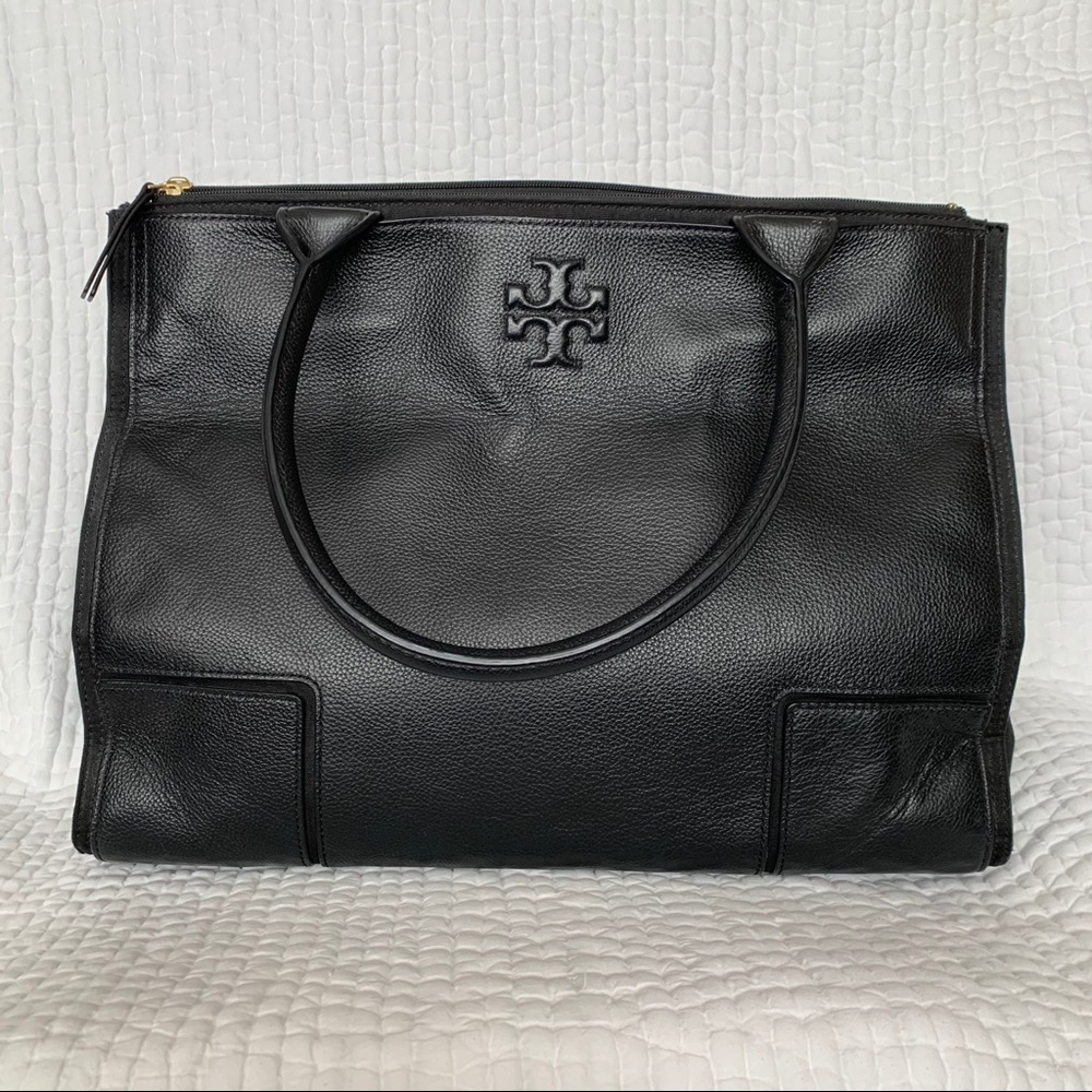 Tory Burch Ella Leather and Canvas Tote, Black